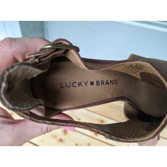 Lucky Brand Kerne Tan Leather Ankle Booties Open Toe Size 6.5 Stacked Heel - Picture 4 of 6